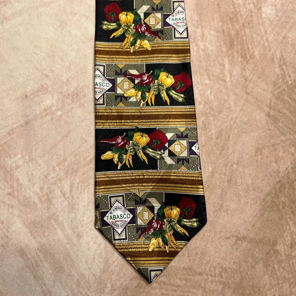 Vintage 90s Tabasco Culinary Novelty Print Tie Silk Hot Pepper Formal Multicolor